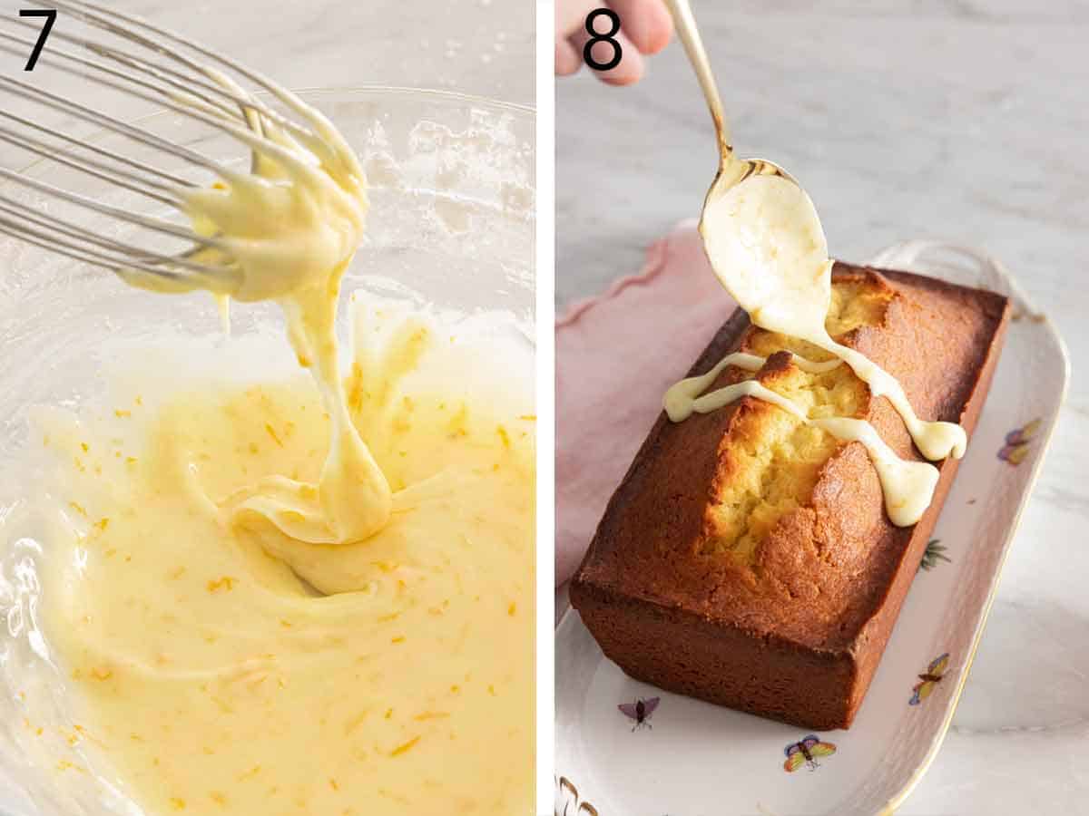 Set of two photos showing glaze mixed and drizzled on top of the cake.