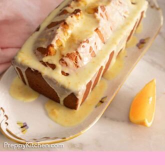 Pinterest graphic of an orange cake with orange glaze on top.