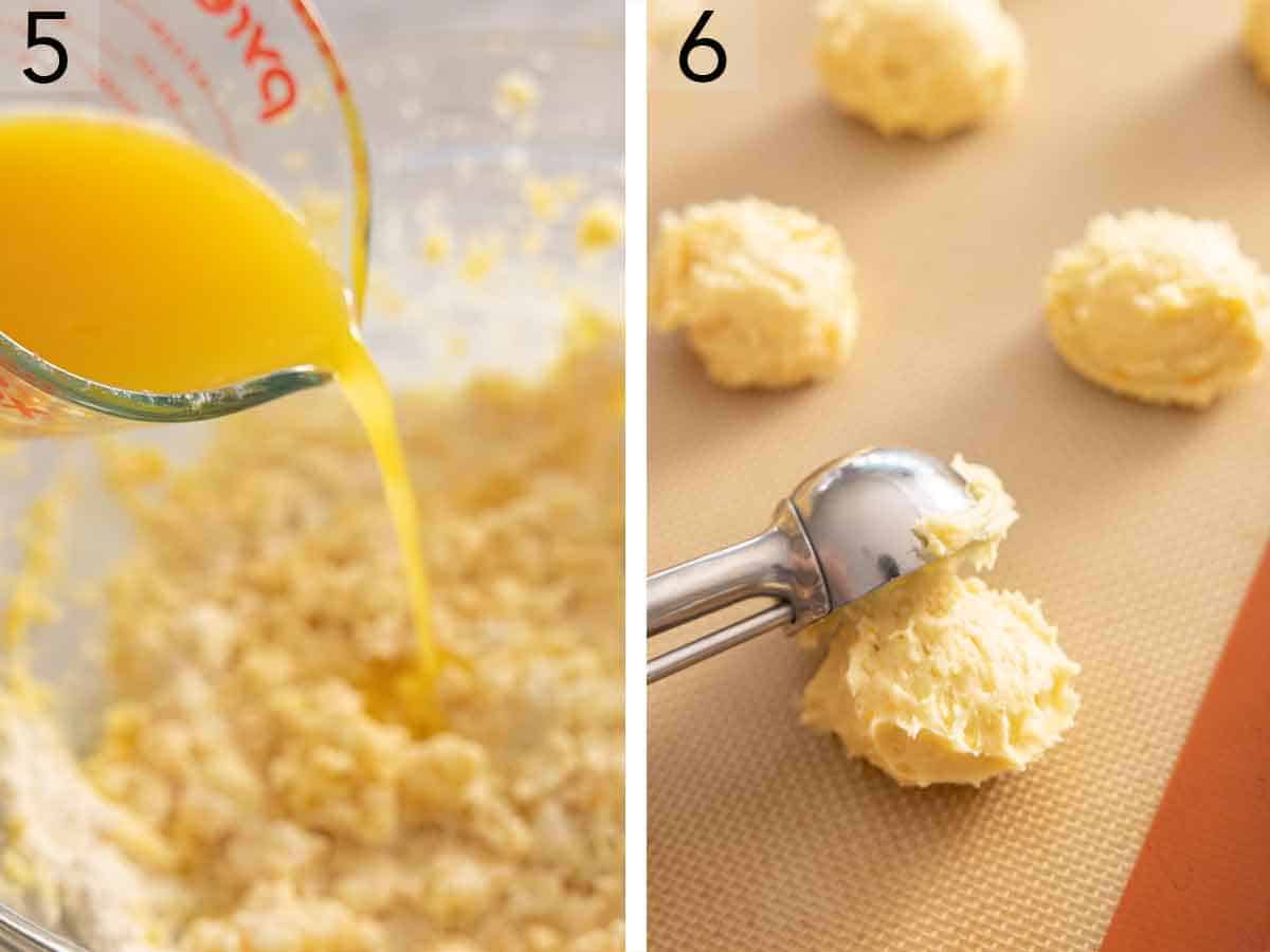 Set of two photos showing juice added to mixture and then portioned out.