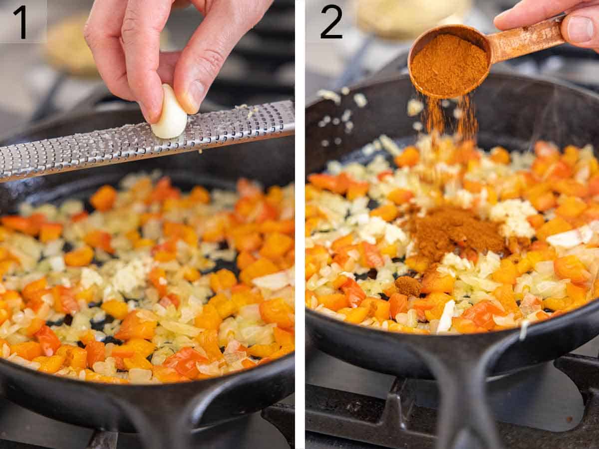 Set of two photos showing garlic grated into the pan and seasoning added.