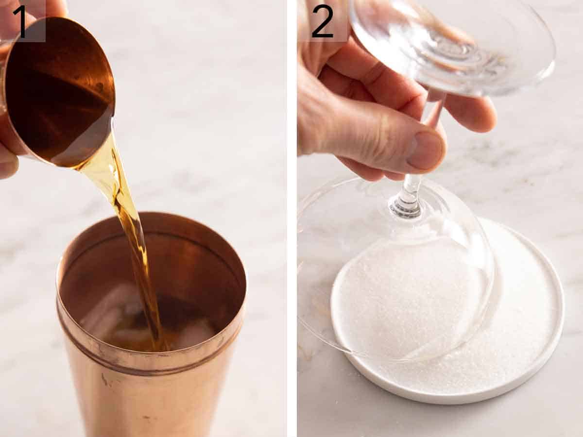Set of two photos showing alcohol added to the shaker and glass rim coated in sugar.