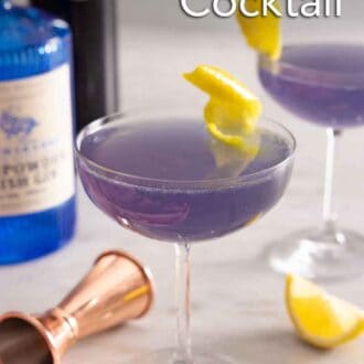 Pinterest graphic of a glass of Aviation cocktail in front of another and bottles of liqueur.