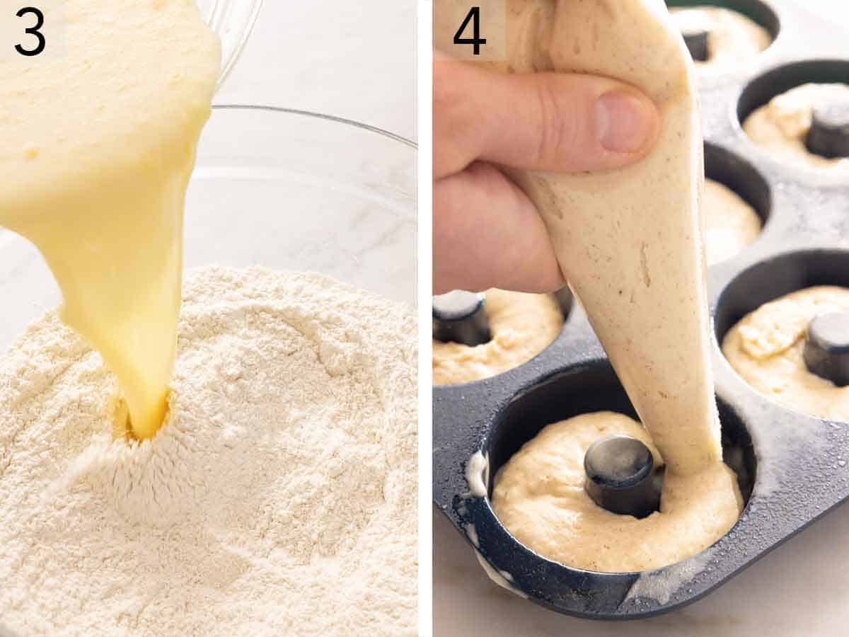 Set of two photos showing ingredients combined and piped into a pan.