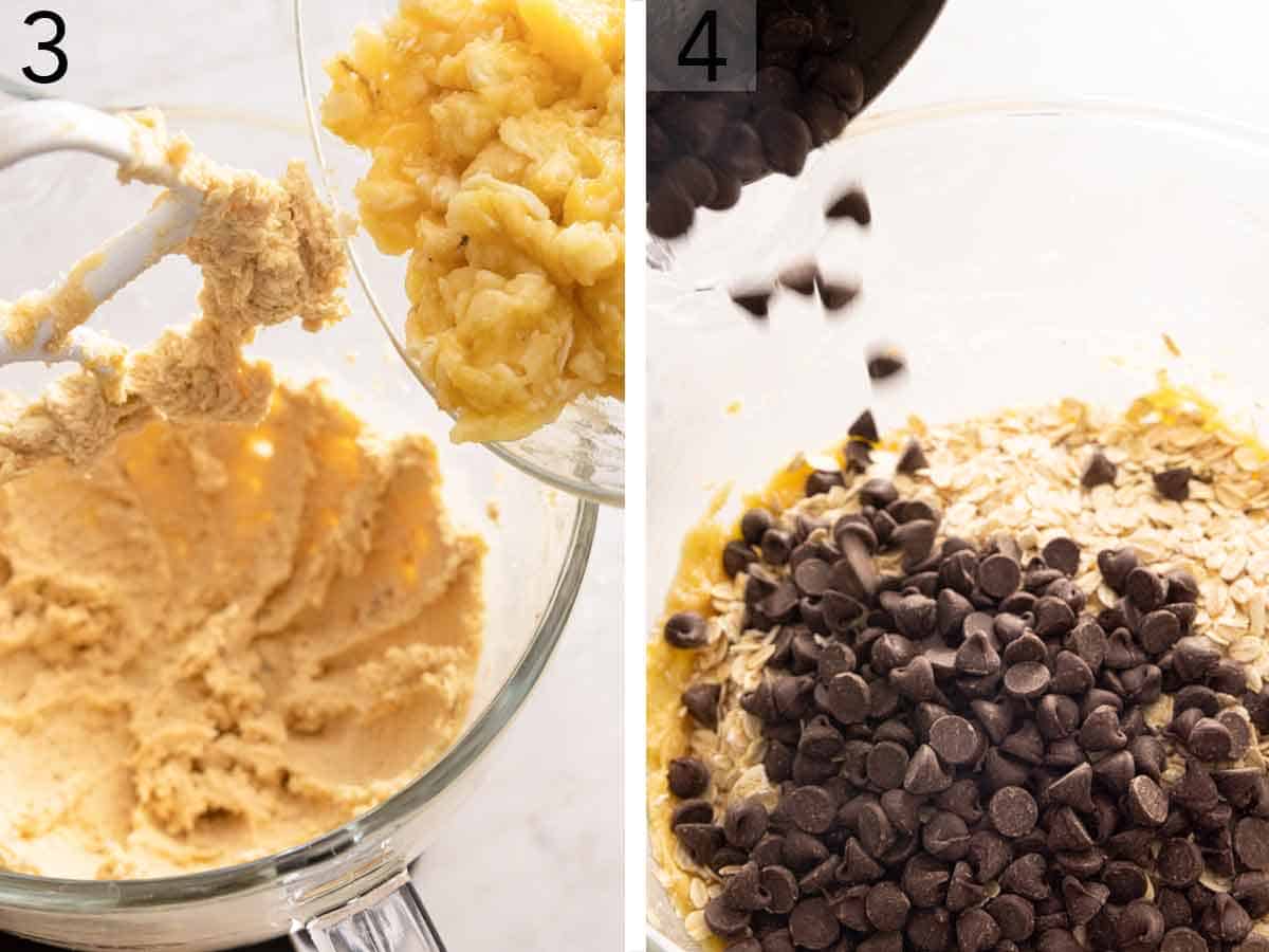 Set of two photos showing mashed bananas added to the batter then oatmeal and chocolate chips added.