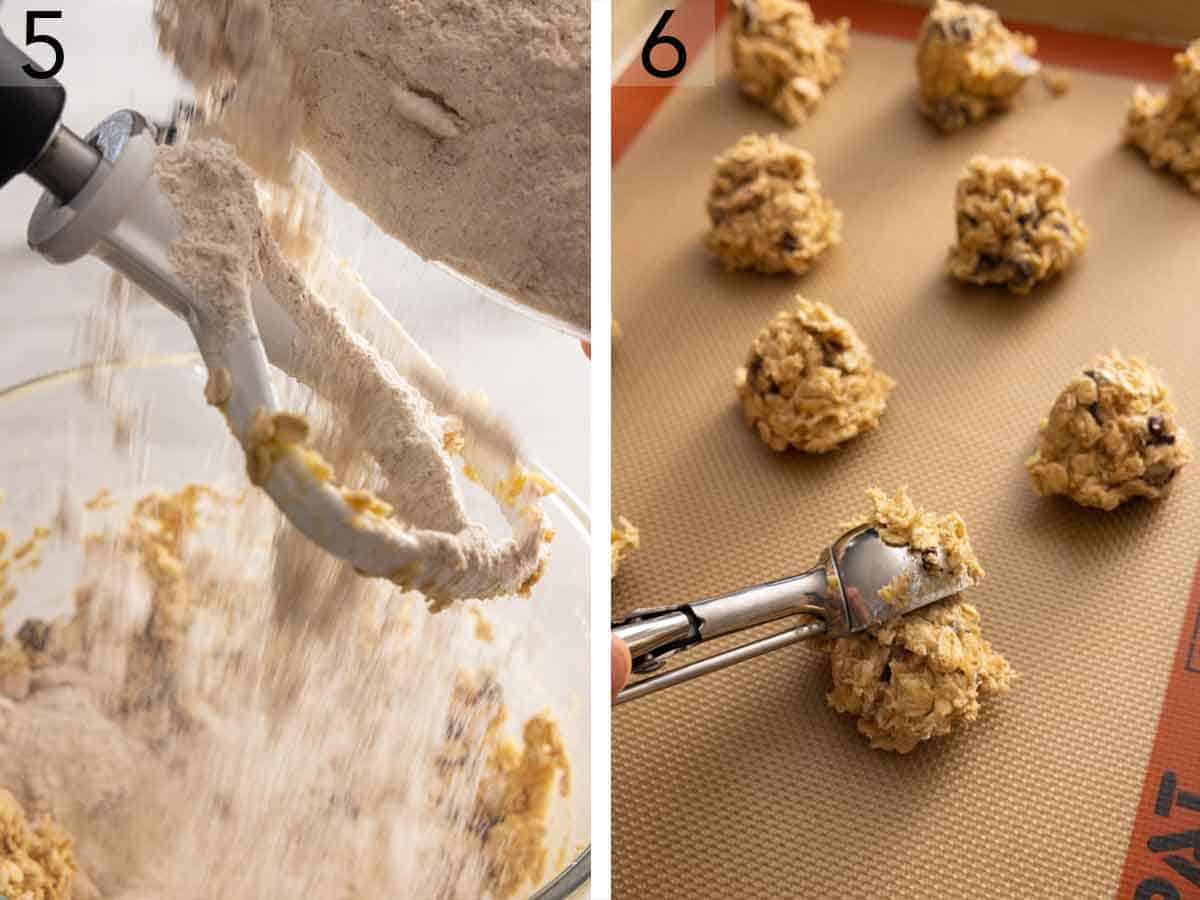 Set of two photos showing dry ingredients added to the mixer and dough scooped into balls.
