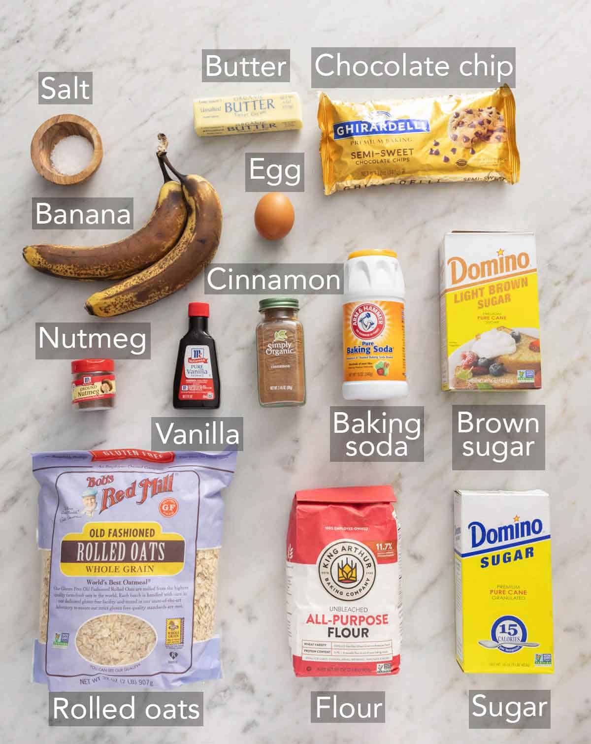Ingredients needed to make banana oatmeal cookies.