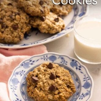 Pinterest graphic of a plate with a banana oatmeal cookie by a glass of milk.