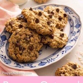 Pinterest graphic of a platter of multiple banana oatmeal cookies with more scattered around.