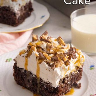 Pinterest graphic of a square slice of better than sex cake by another slice and milk.