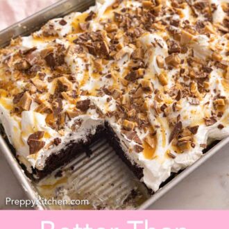 Pinterest graphic of a pan of better than sex cake with a piece removed.