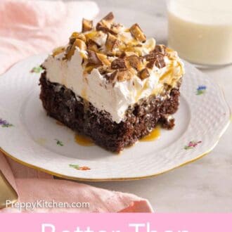 Pinterest graphic of a slice of better than sex cake on a plate by some milk.