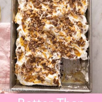 Pinterest graphic of a pan of better than sex cake with a square piece cut out.