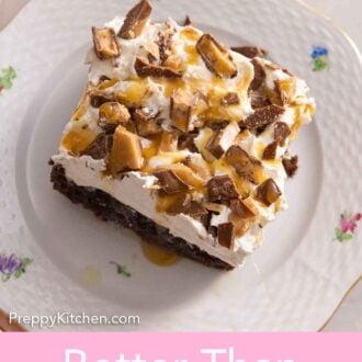 Pinterest graphic of a plate with a slice of better than sex cake.