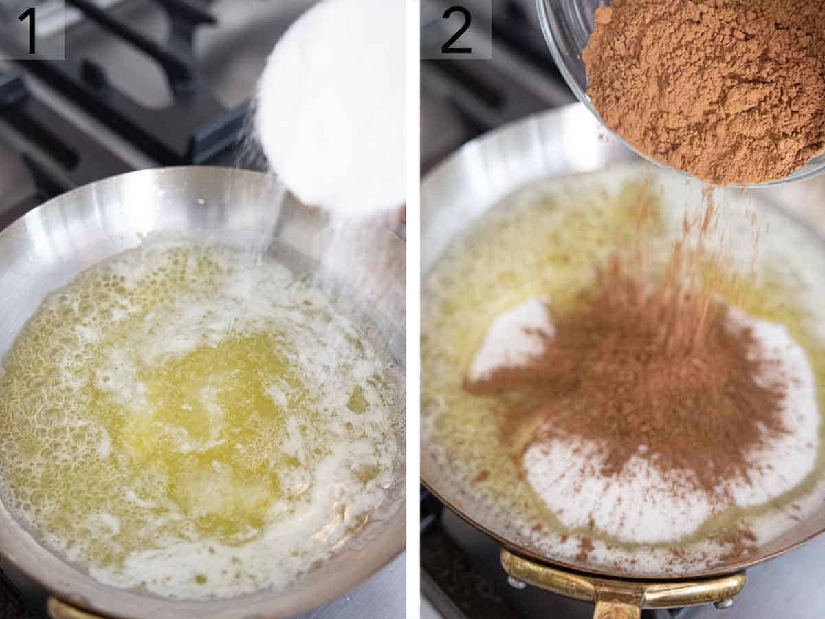 Set of two photos showing butter melted then sugar and cocoa powder added.