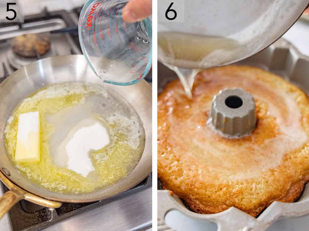 Set of two photos showing glaze made and poured over the cake.