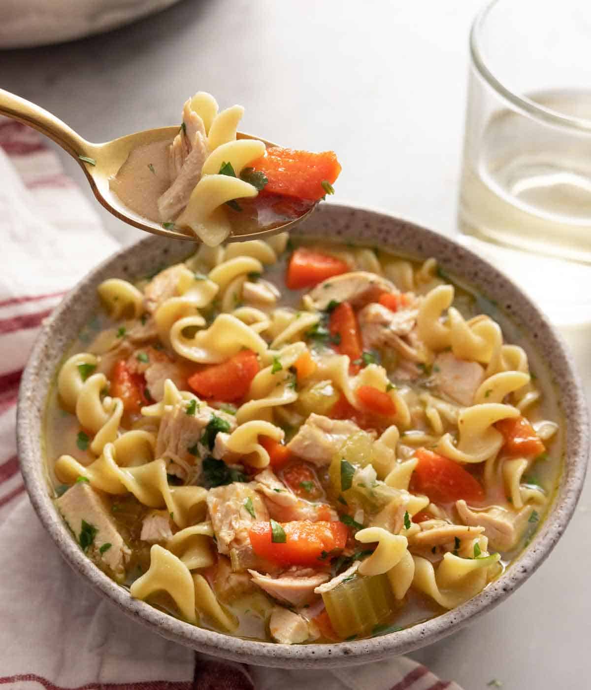 A bowl of chicken noodle soup with a spoonful lifted out.