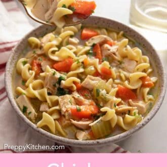 Pinterest graphic of a spoonful of chicken noodle soup lifted from a bowl.