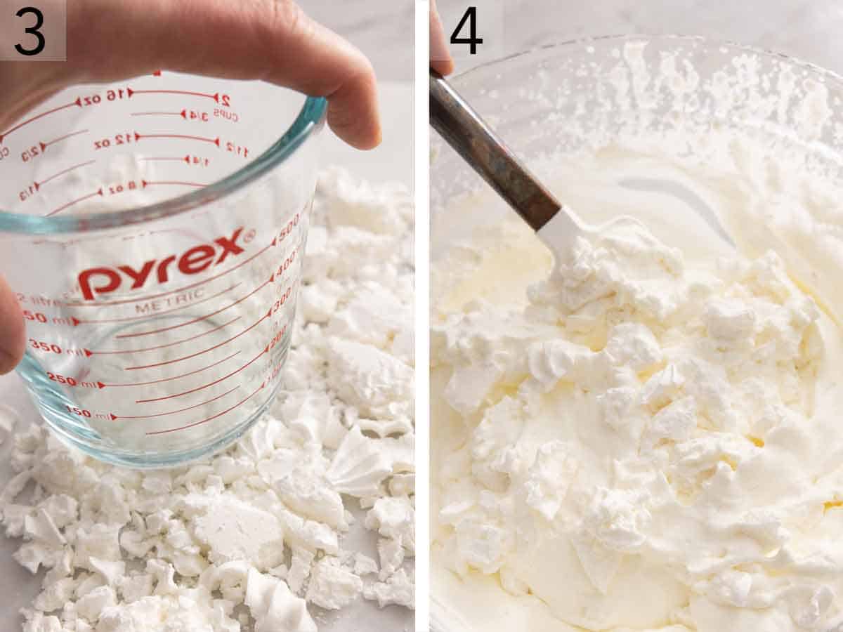 Set of two photos showing meringues cookies crushed and folded into the whipped cream.