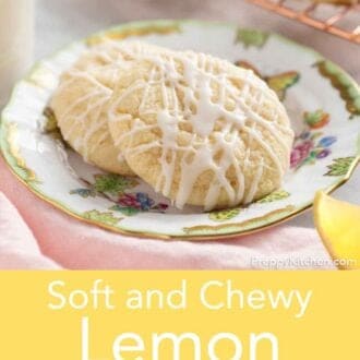 Pinterest graphic of two glazed lemon cookies on a plate.