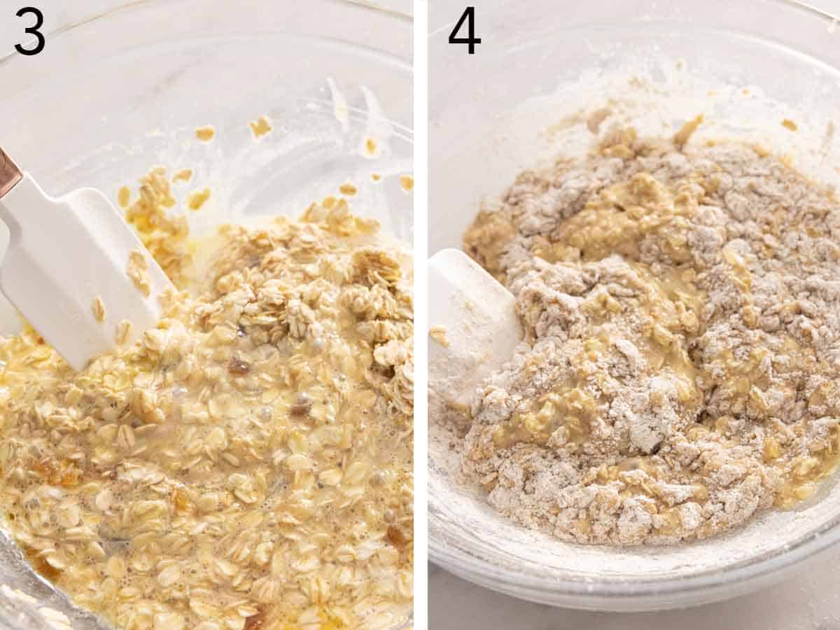 Set of two photos showing ingredients stirred and flour added.