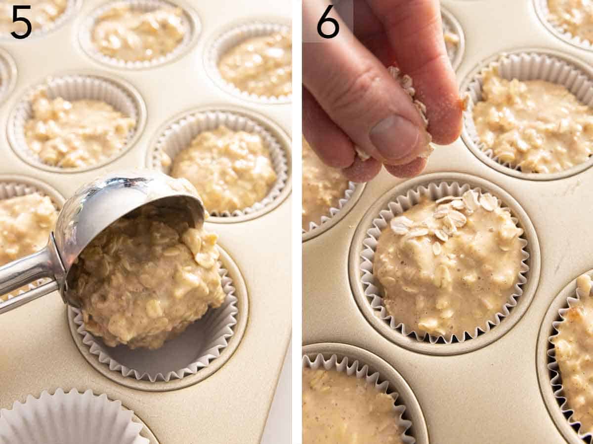 Set of two photos showing the batter added to the tin and topped off with more oats.