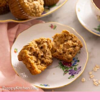 Pinterest graphic of a oatmeal muffin, ripped in half on a plate.