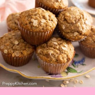 Pinterest graphic of a platter of oatmeal muffins.