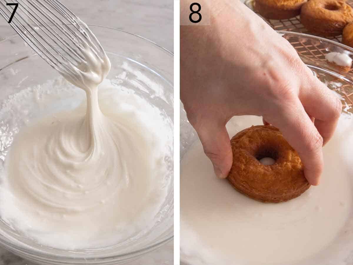 Set of two photos showing glazed mixed and donuts dipped.