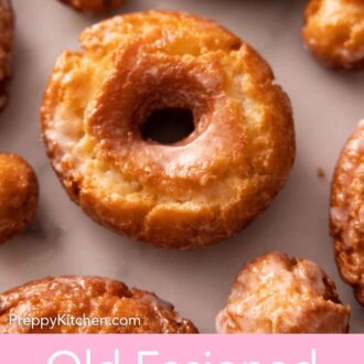 Pinterest graphic of an old fashioned donut with donut holes around it.