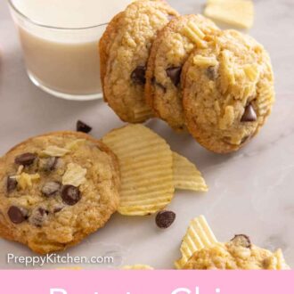 Pinterest graphic of 3 potato chip cookies leaning on a glass of milk and one in front.