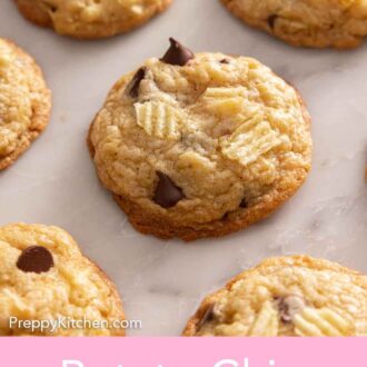 Pinterest graphic of potato chip cookies in a single layer.