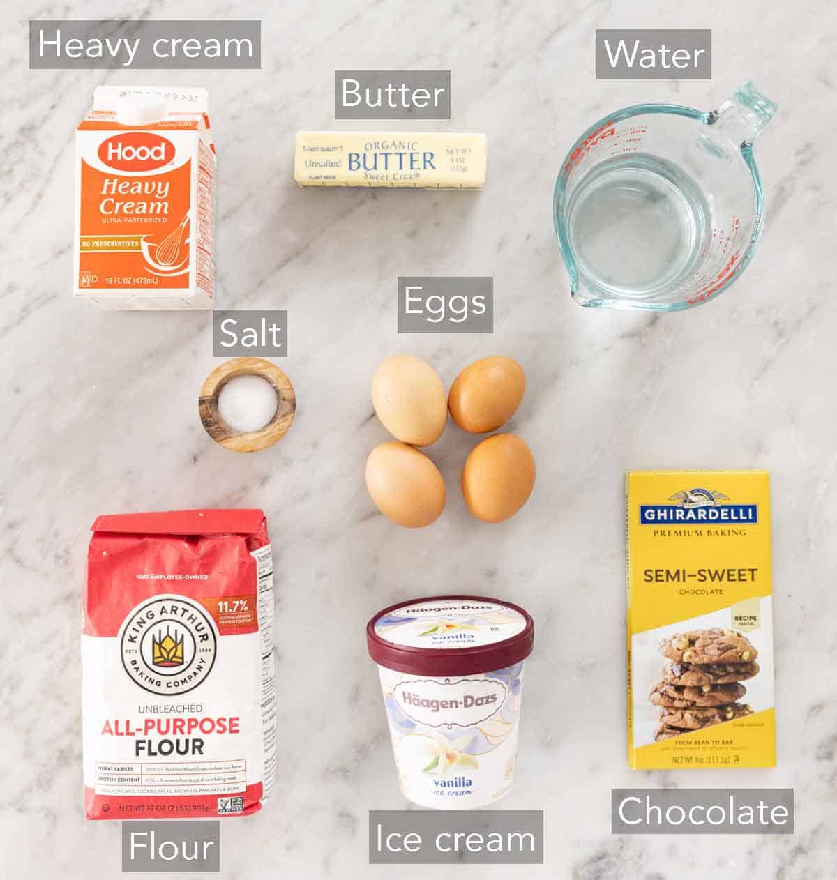 Ingredients needed to make profiteroles.