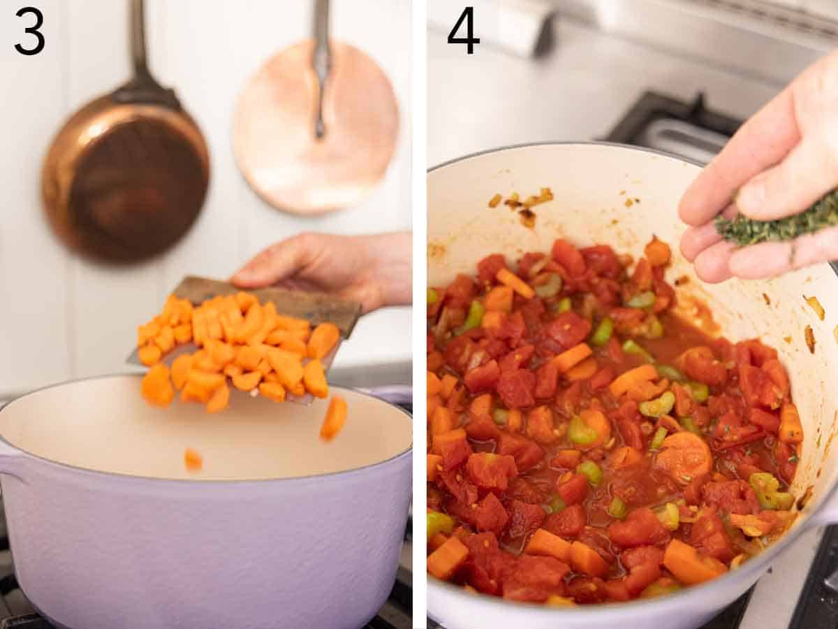 Set of two photos showing carrots and fresh herbs added to the pot.