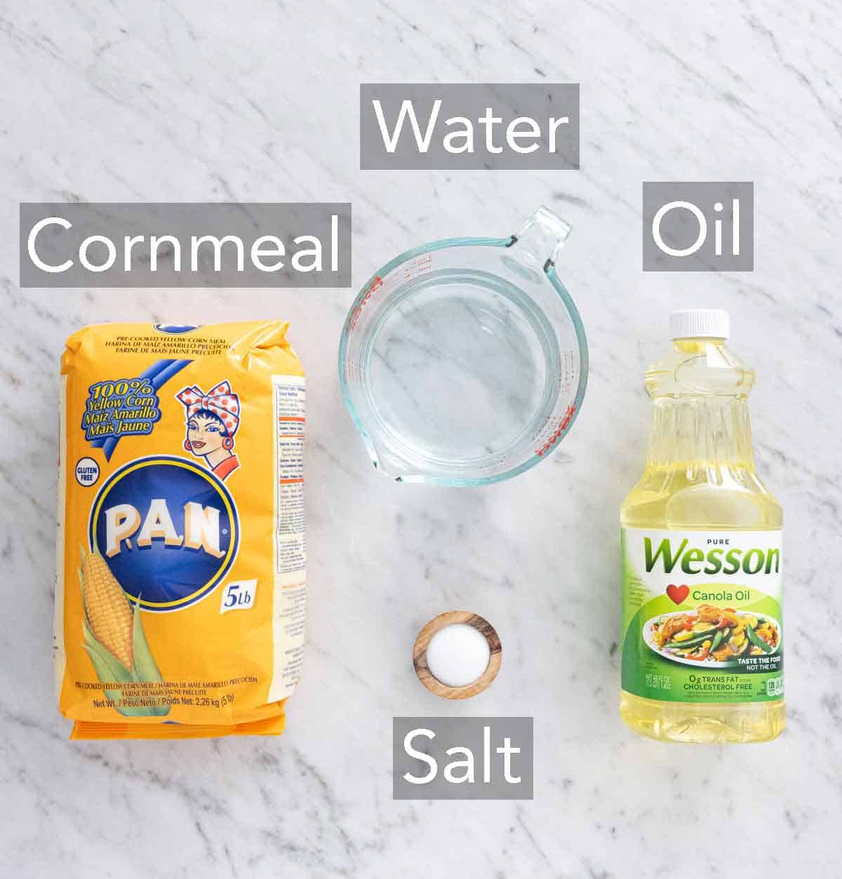 Ingredients needed to make arepas.