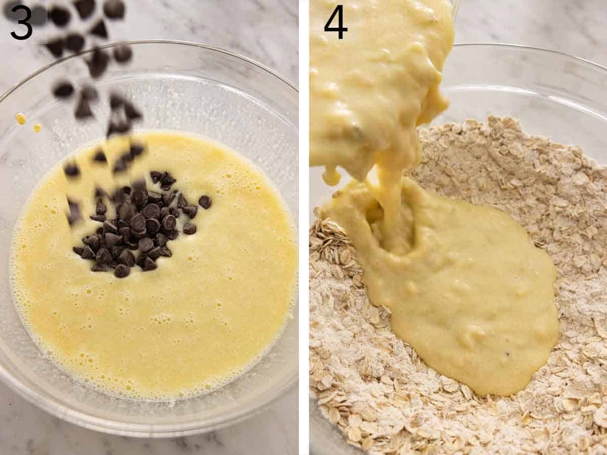 Set of two photos showing chocolate chips added to the wet ingredients then poured into oats.