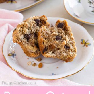 Pinterest graphic of a banana oatmeal muffin split in half on a plate.