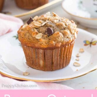 Pinterest graphic of a banana oatmeal muffin on a plate.