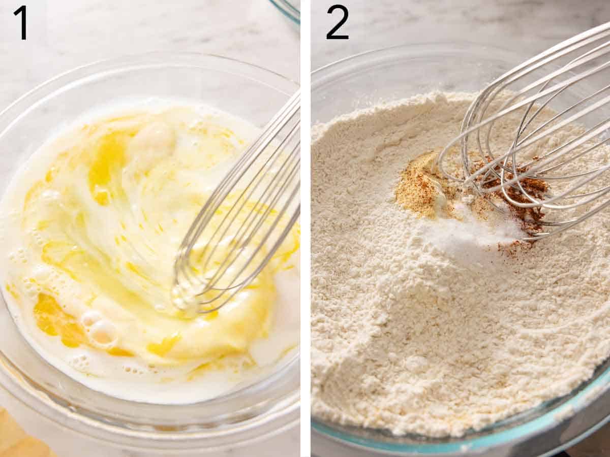 Set of two photos showing wet and dry ingredients whisked separately.