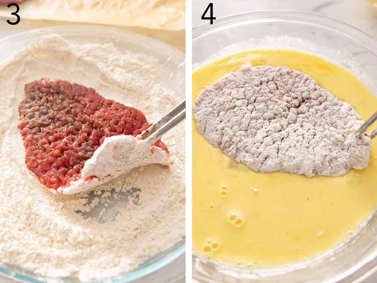 Set of two photos showing beef dredged in flour and dipped in egg.