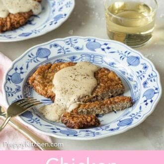 Pinterest graphic of a plate with chicken fried steak, partly sliced.