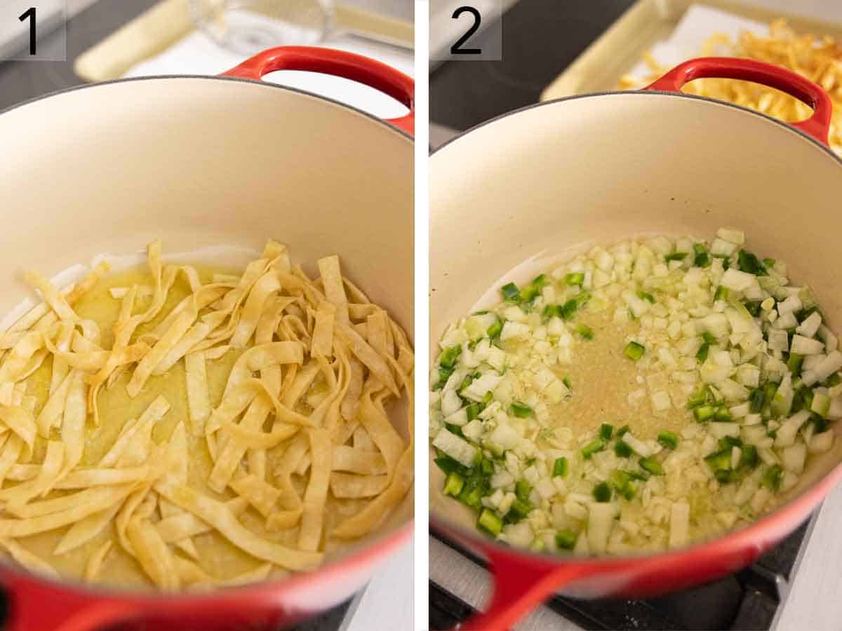 Set of two photos showing tortillas fried and onions and jalapeños sauted.