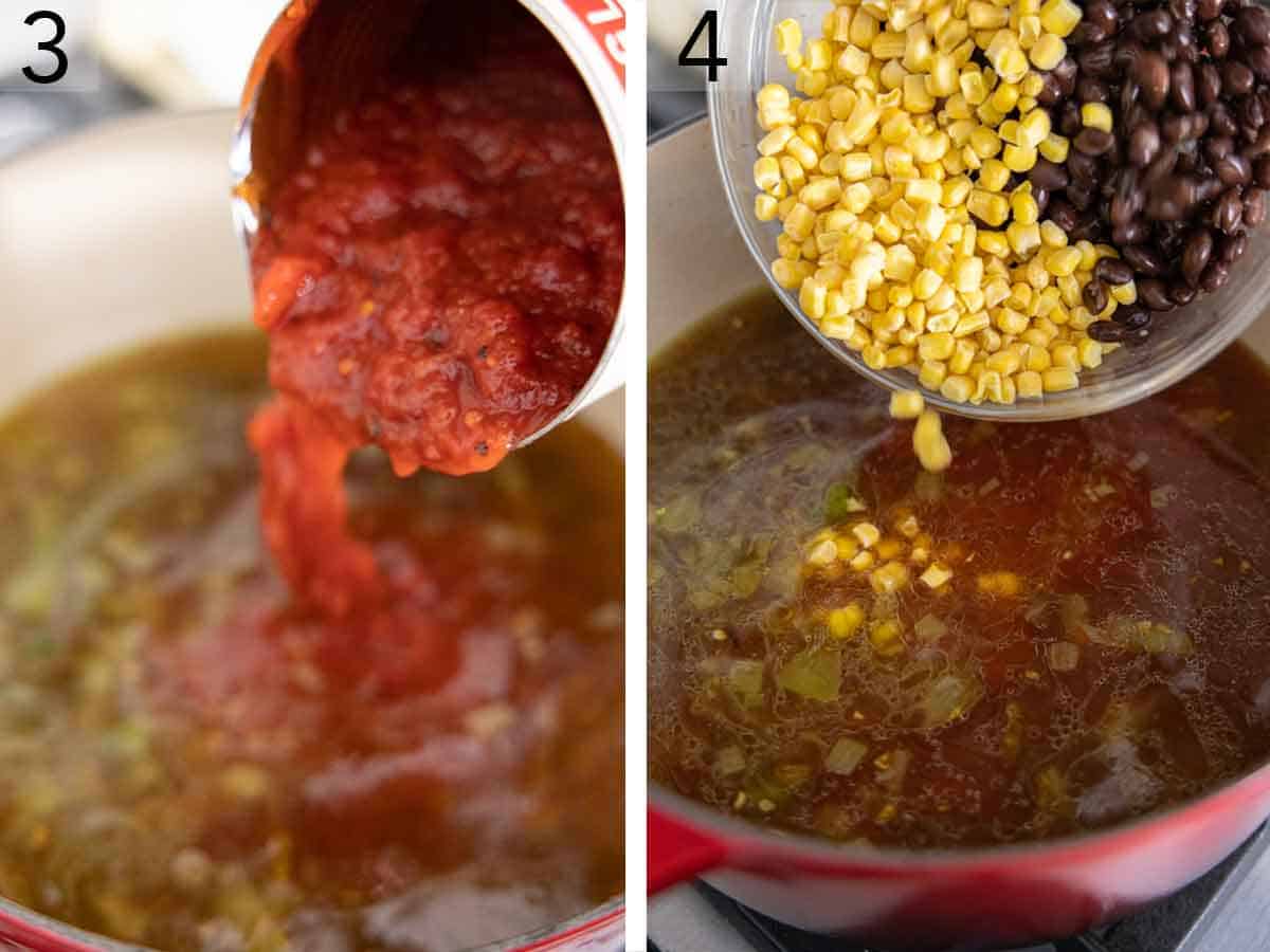 Set of two photos showing tomatoes, corn, and beans added to the pot.