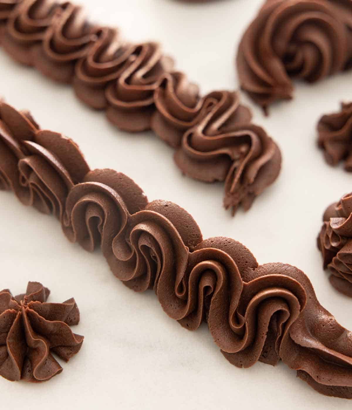 A white surface with chocolate buttercream frosting piped in various styles.