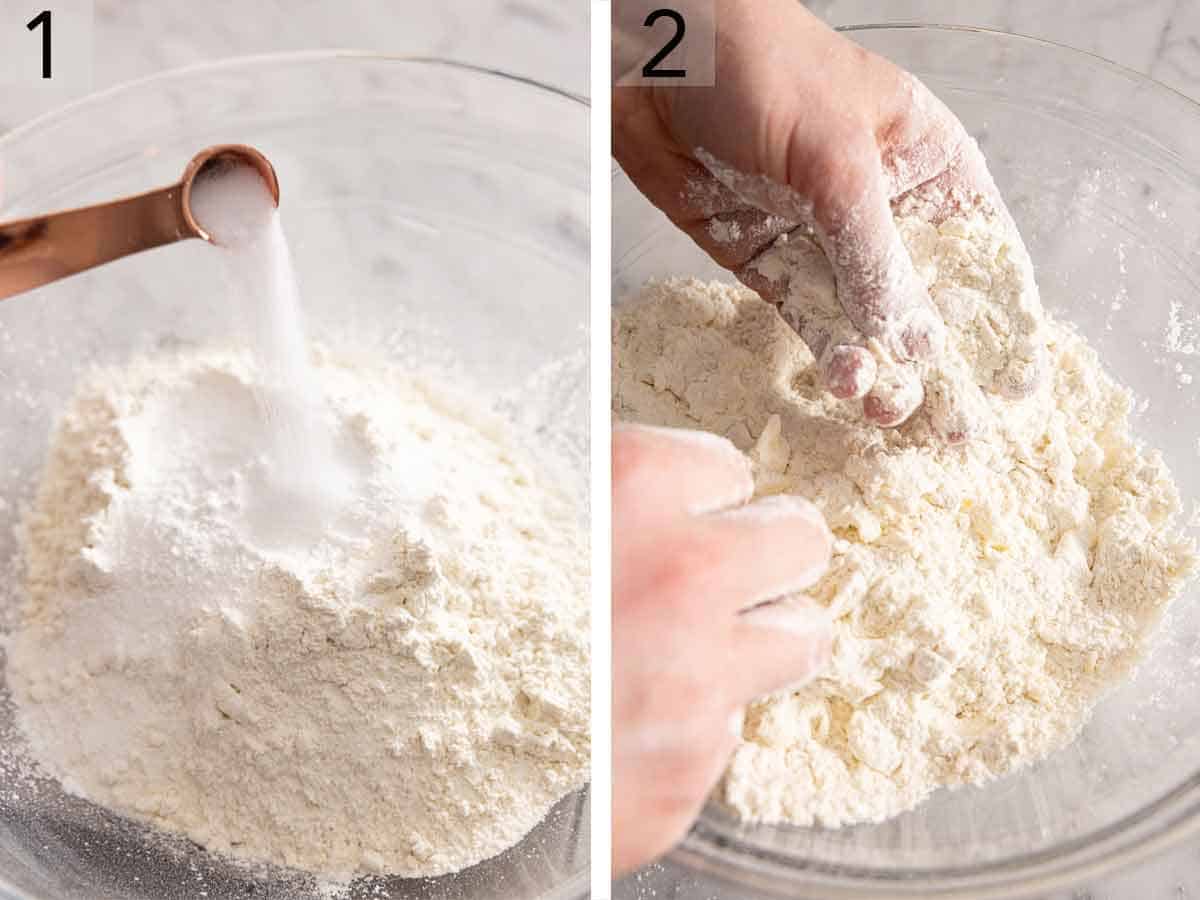 Set of two photos showing dry ingredients combined and butter pressed in.