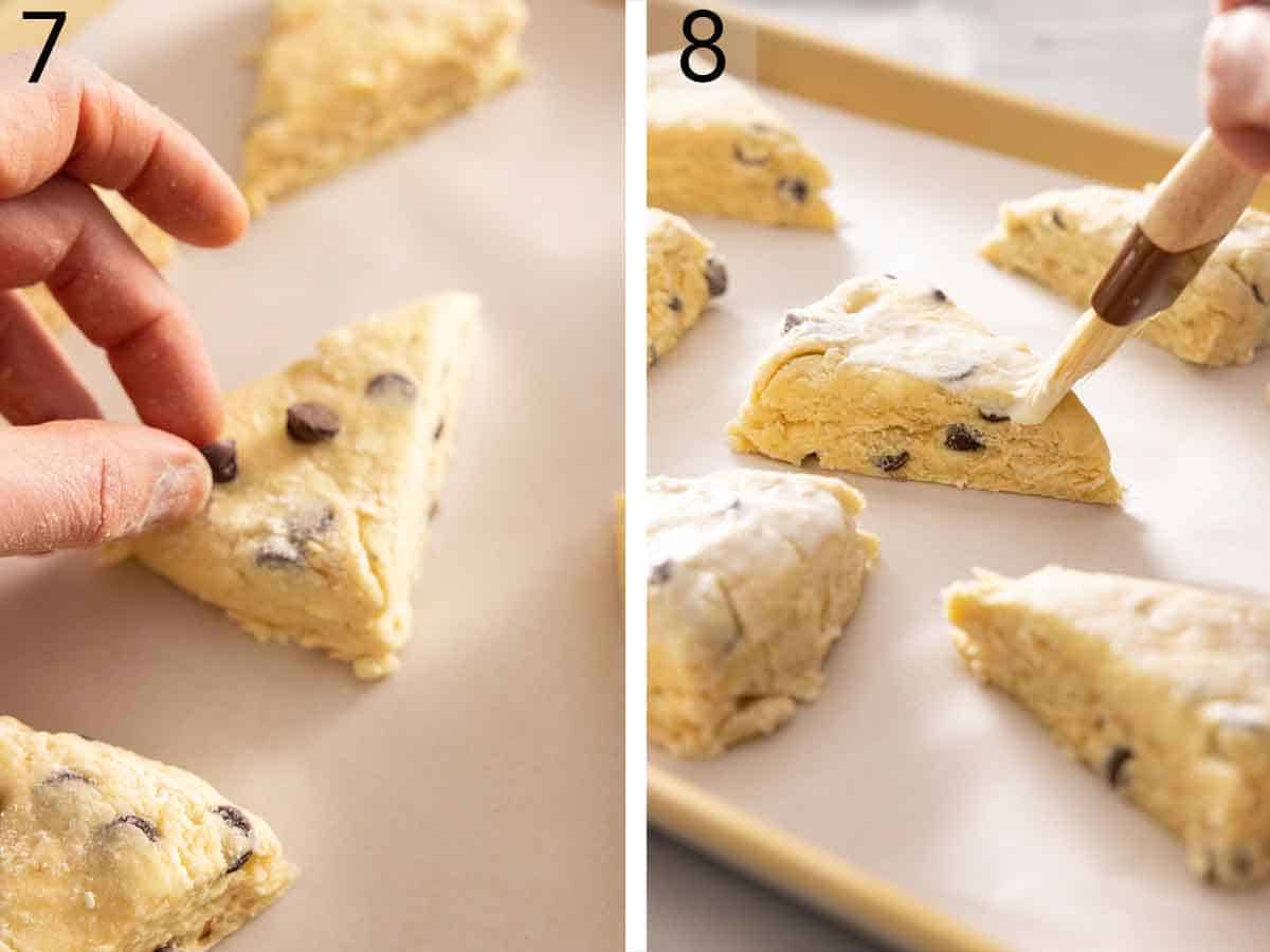 Set of two photos showing more chocolate chips added to the scones and brushed.