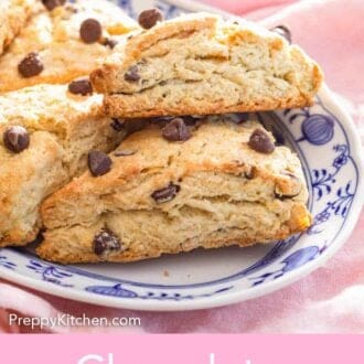 Pinterest graphic of a platter of chocolate chip scones.