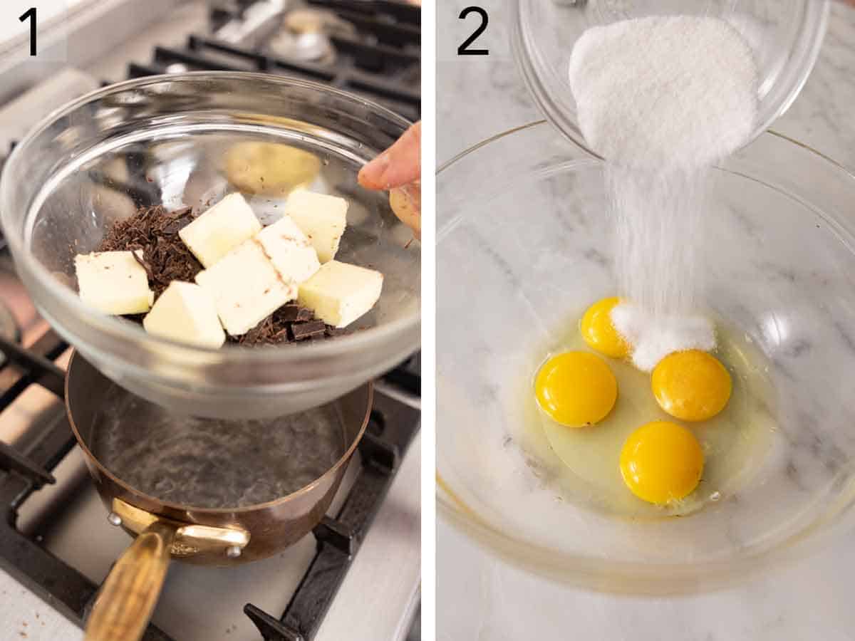 Set of two photos showing chocolate about to be melted and sugar added to eggs.