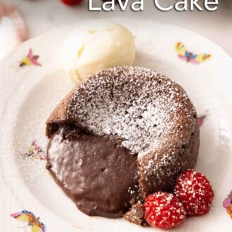 Pinterest graphic of a chocolate lava cake with melted chocolate oozing out.