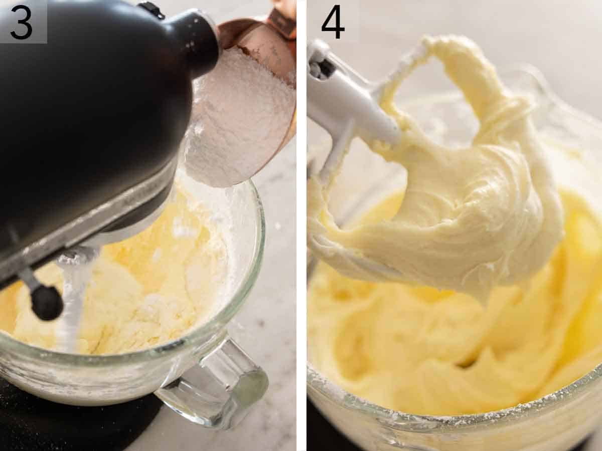 Set of two photos showing powdered sugar added to the mixer and the texture of frosting on a mixer attachment.