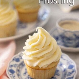 Pinterest graphic of a cupcake on a plate topped with cream cheese frosting.